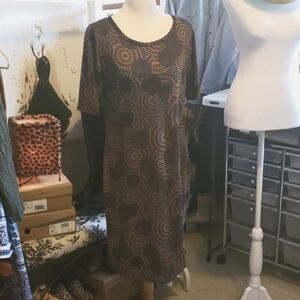 Lularoe Dress, 3/4 Sleeve, Brown, Orange, Pale Yellow and Green, Size L.